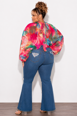Final Sale Plus Size Sheer Balloon Sleeve Crop Top in Fuchsia Floral Multi Color Print