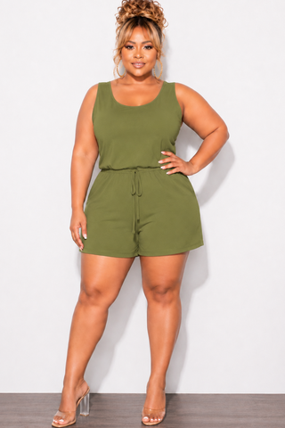 Final Sale Plus Size Sleeveless French Terry V Neck Romper in Olive