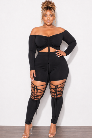 Final Sale Plus Size 2pc Crop Top and Lace Up Pants Set in Black