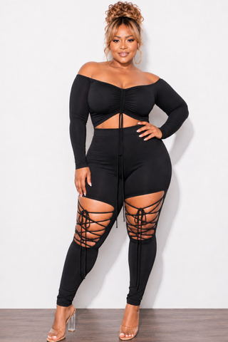 Final Sale Plus Size 2pc Crop Top and Lace Up Pants Set in Black