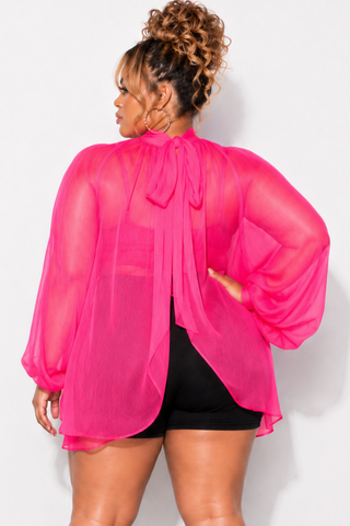 Final Sale Plus Size Sheer Balloon Sleeve Crop Top in Fuchsia