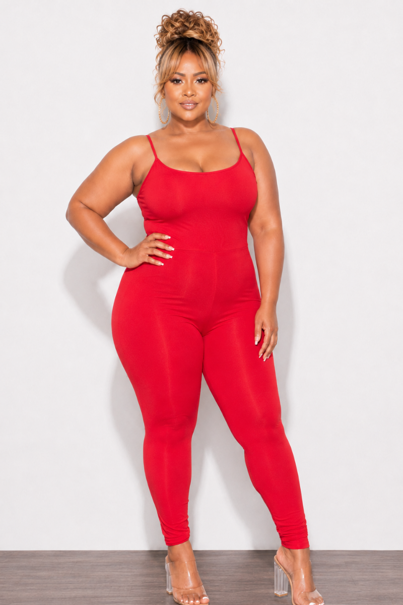 Final Sale Plus Size Spaghetti Strap Catsuit Unitard in Red