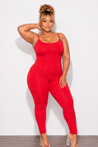 Final Sale Plus Size Spaghetti Strap Catsuit Unitard in Red