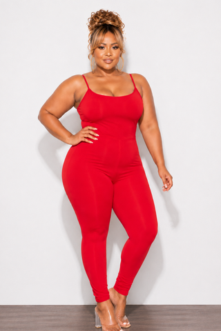 Final Sale Plus Size Spaghetti Strap Catsuit Unitard in Red