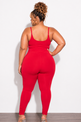 Final Sale Plus Size Spaghetti Strap Catsuit Unitard in Red
