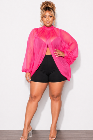 Final Sale Plus Size Sheer Balloon Sleeve Crop Top in Fuchsia