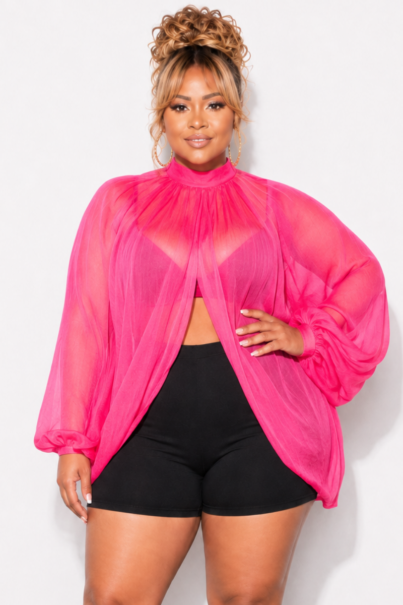 Final Sale Plus Size Sheer Balloon Sleeve Crop Top in Fuchsia