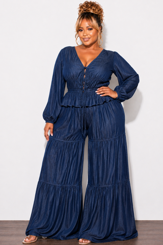 Final Sale Plus Size Long Sleeve Jumpsuit with Shirring Dark Denim Chambray
