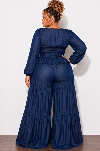 Final Sale Plus Size Long Sleeve Jumpsuit with Shirring Dark Denim Chambray