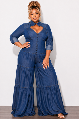 Final Sale Plus Size Long Sleeve Jumpsuit with Collar in Dark Denim Chambray