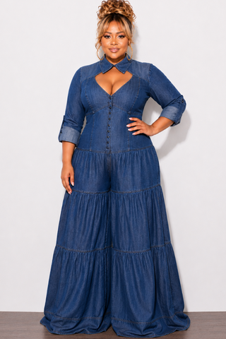 Final Sale Plus Size Long Sleeve Jumpsuit with Collar in Dark Denim Chambray