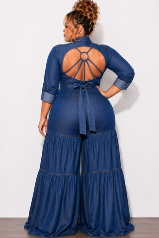 Final Sale Plus Size Long Sleeve Jumpsuit with Collar in Dark Denim Chambray