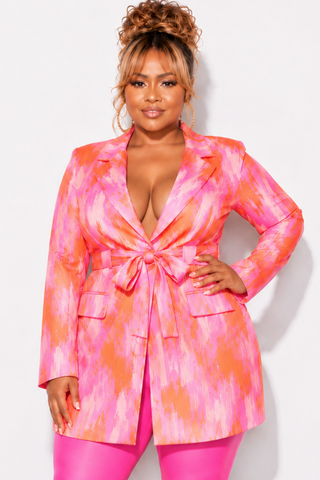 Final Sale Plus Size Blazer in Neon Pink and Orange Design Print