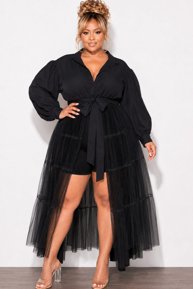 Final Sale Plus Size Puffy Long Sleeve Button Up Top with Mesh Train in Black