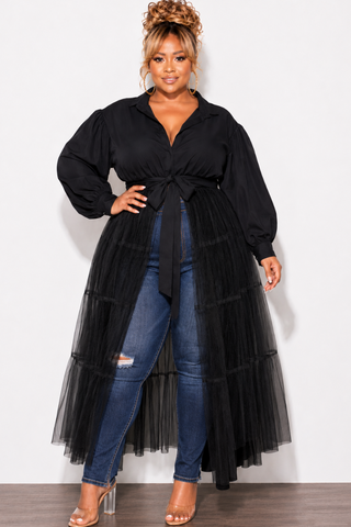 Final Sale Plus Size Puffy Long Sleeve Button Up Top with Mesh Train in Black