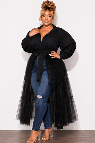 Final Sale Plus Size Puffy Long Sleeve Button Up Top with Mesh Train in Black