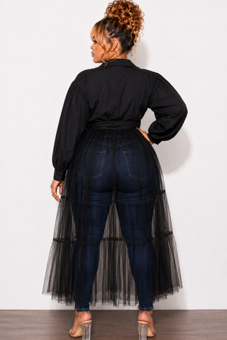 Final Sale Plus Size Puffy Long Sleeve Button Up Top with Mesh Train in Black