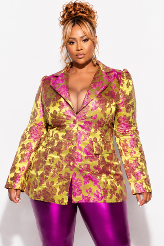 Final Sale Plus Size Blazer in Green and Purple Floral Design Print