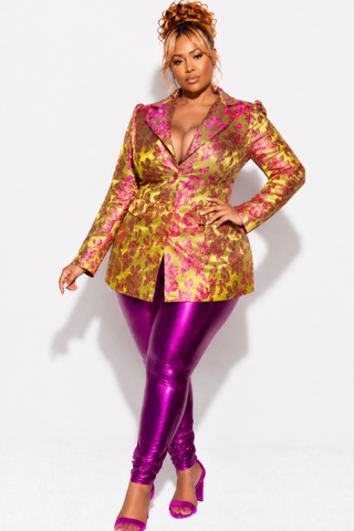 Final Sale Plus Size Blazer in Green and Purple Floral Design Print