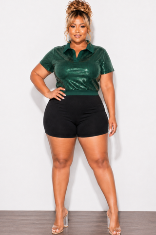 Final Sale Plus Size Collar Sequin Top in Green