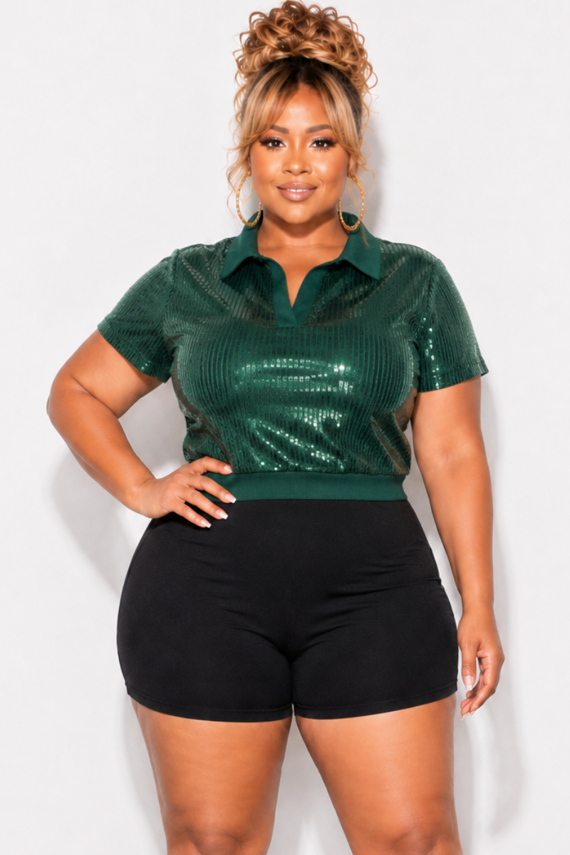 Final Sale Plus Size Collar Sequin Top in Green