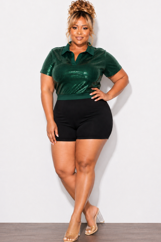 Final Sale Plus Size Collar Sequin Top in Green