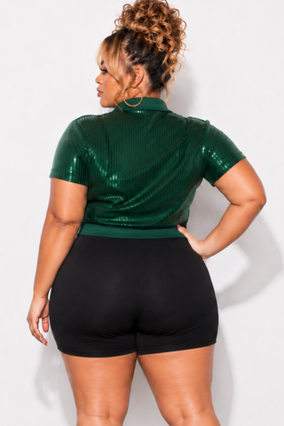 Final Sale Plus Size Collar Sequin Top in Green
