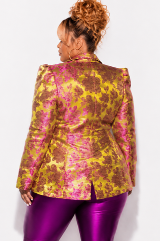 Final Sale Plus Size Blazer in Green and Purple Floral Design Print