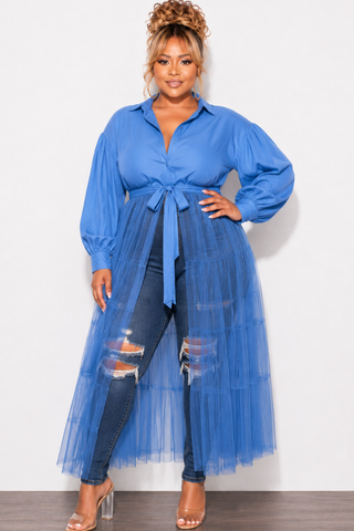 Final Sale Plus Size Puffy Long Sleeve Button Up Top with Mesh Train in Blue