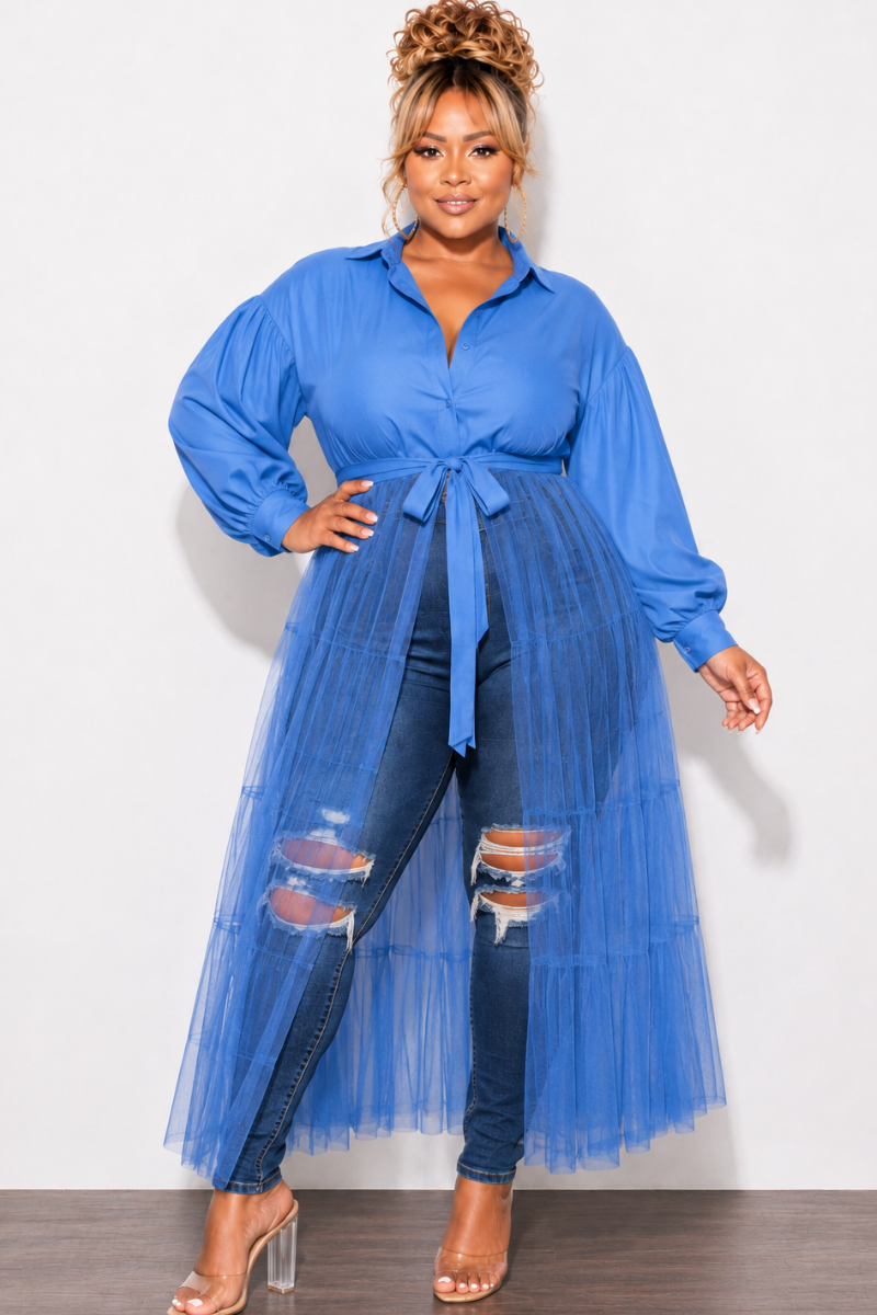 Final Sale Plus Size Puffy Long Sleeve Button Up Top with Mesh Train in Blue