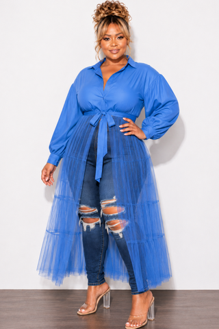 Final Sale Plus Size Puffy Long Sleeve Button Up Top with Mesh Train in Blue
