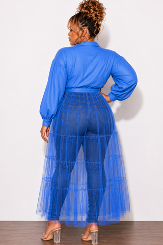Final Sale Plus Size Puffy Long Sleeve Button Up Top with Mesh Train in Blue