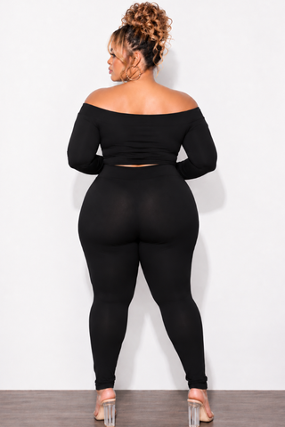 Final Sale Plus Size 2pc Crop Top and Lace Up Pants Set in Black