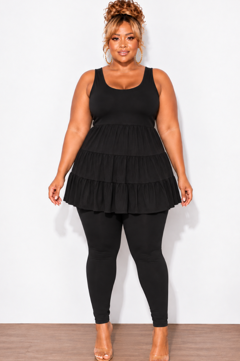 Final Sale Plus Size 2-Piece Sleeveless 3 Tiered Baby Doll Top and Leggings Set in Black