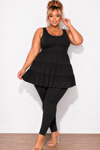 Final Sale Plus Size 2-Piece Sleeveless 3 Tiered Baby Doll Top and Leggings Set in Black