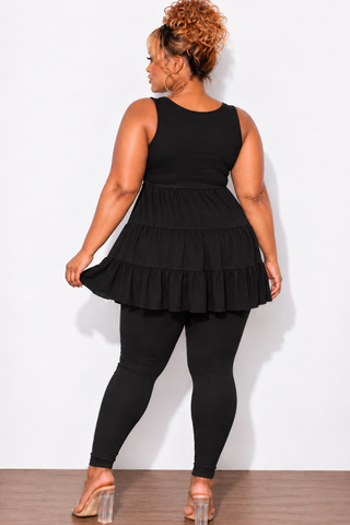Final Sale Plus Size 2-Piece Sleeveless 3 Tiered Baby Doll Top and Leggings Set in Black