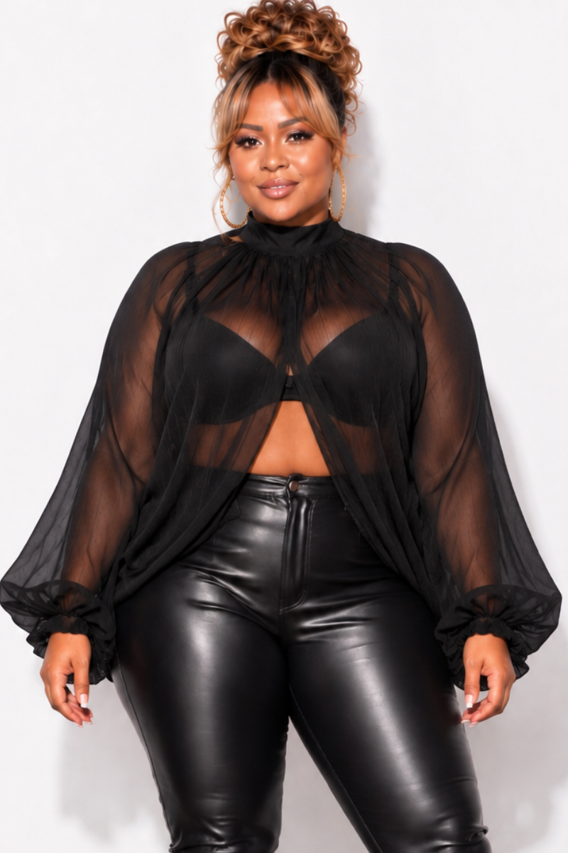 Final Sale Plus Size Sheer Balloon Sleeve Crop Top in Black