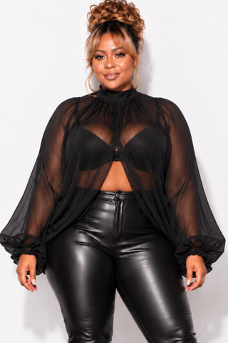 Final Sale Plus Size Sheer Balloon Sleeve Crop Top in Black