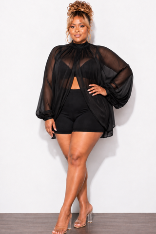 Final Sale Plus Size Sheer Balloon Sleeve Crop Top in Black