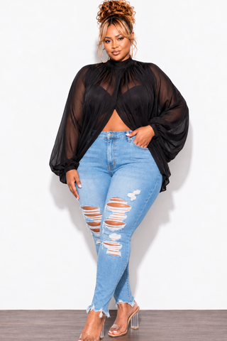 Final Sale Plus Size Sheer Balloon Sleeve Crop Top in Black