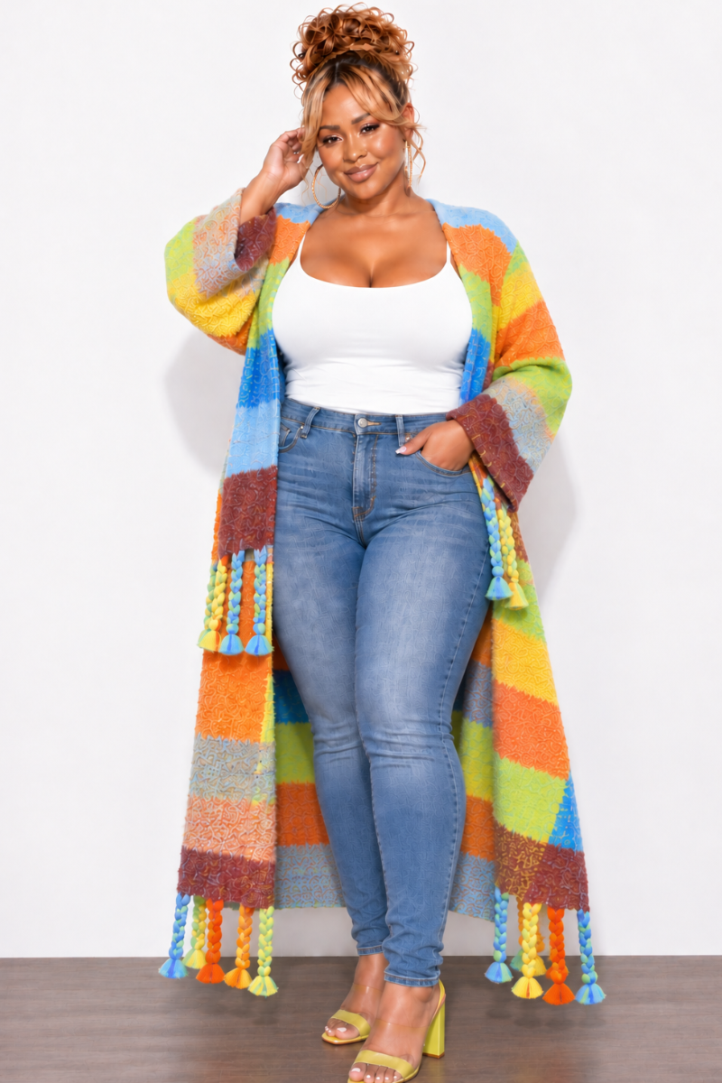 Final Sale Plus Size Knit Kimono Long Cardigan in Soft Blue & Rust Multi-Color Print