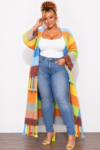 Final Sale Plus Size Knit Kimono Long Cardigan in Soft Blue & Rust Multi-Color Print
