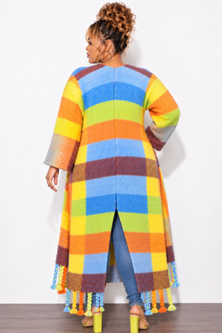 Final Sale Plus Size Knit Kimono Long Cardigan in Soft Blue & Rust Multi-Color Print