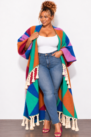 Final Sale Plus Size Knit Kimono Long Cardigan in Orange & Blue Multi-Color Print