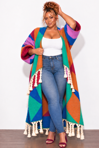 Final Sale Plus Size Knit Kimono Long Cardigan in Orange & Blue Multi-Color Print
