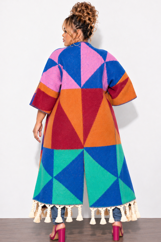 Final Sale Plus Size Knit Kimono Long Cardigan in Orange & Blue Multi-Color Print
