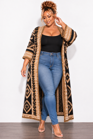 Final Sale Plus Size Knit Kimono Long Cardigan in Tan & Black Multi-Color Print