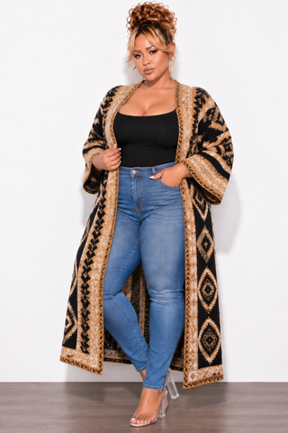 Final Sale Plus Size Knit Kimono Long Cardigan in Tan & Black Multi-Color Print
