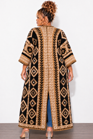 Final Sale Plus Size Knit Kimono Long Cardigan in Tan & Black Multi-Color Print