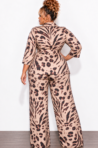 Final Sale Plus Size 2pc Pant Set Collar Top and Pants in Animal Print